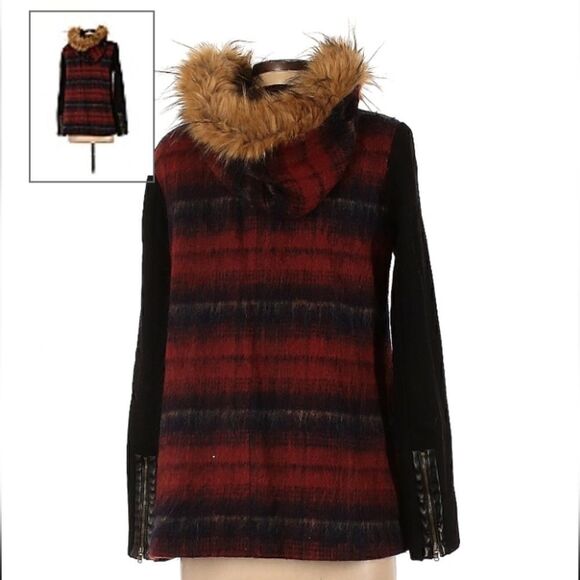 Elevenses Wool blend Hooded Coat with Detachable Faux Fur Tartan Sz XSMALL - Picture 10 of 16